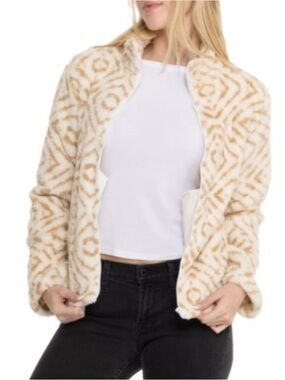 NWT Lucky Brand Cream and Tan Geometric Teddy Jacket